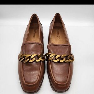 Vionic Women's Loafers Size 7M Mizelle Brown Leather Gold Chunky Chain NWOB